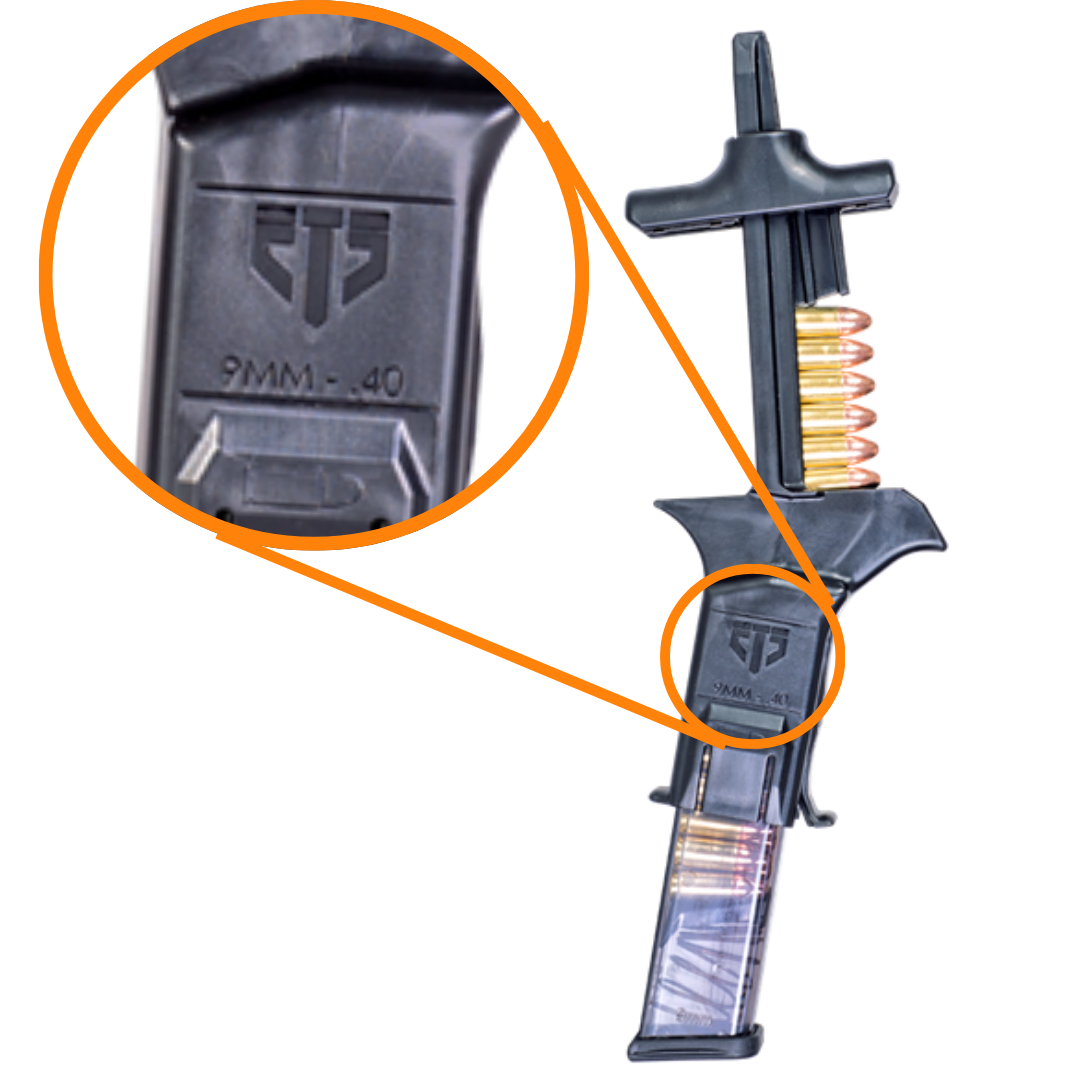 Genuine ETS loader showing the molded ETS shield logo and 9MM-.40 caliber stamp on the side
